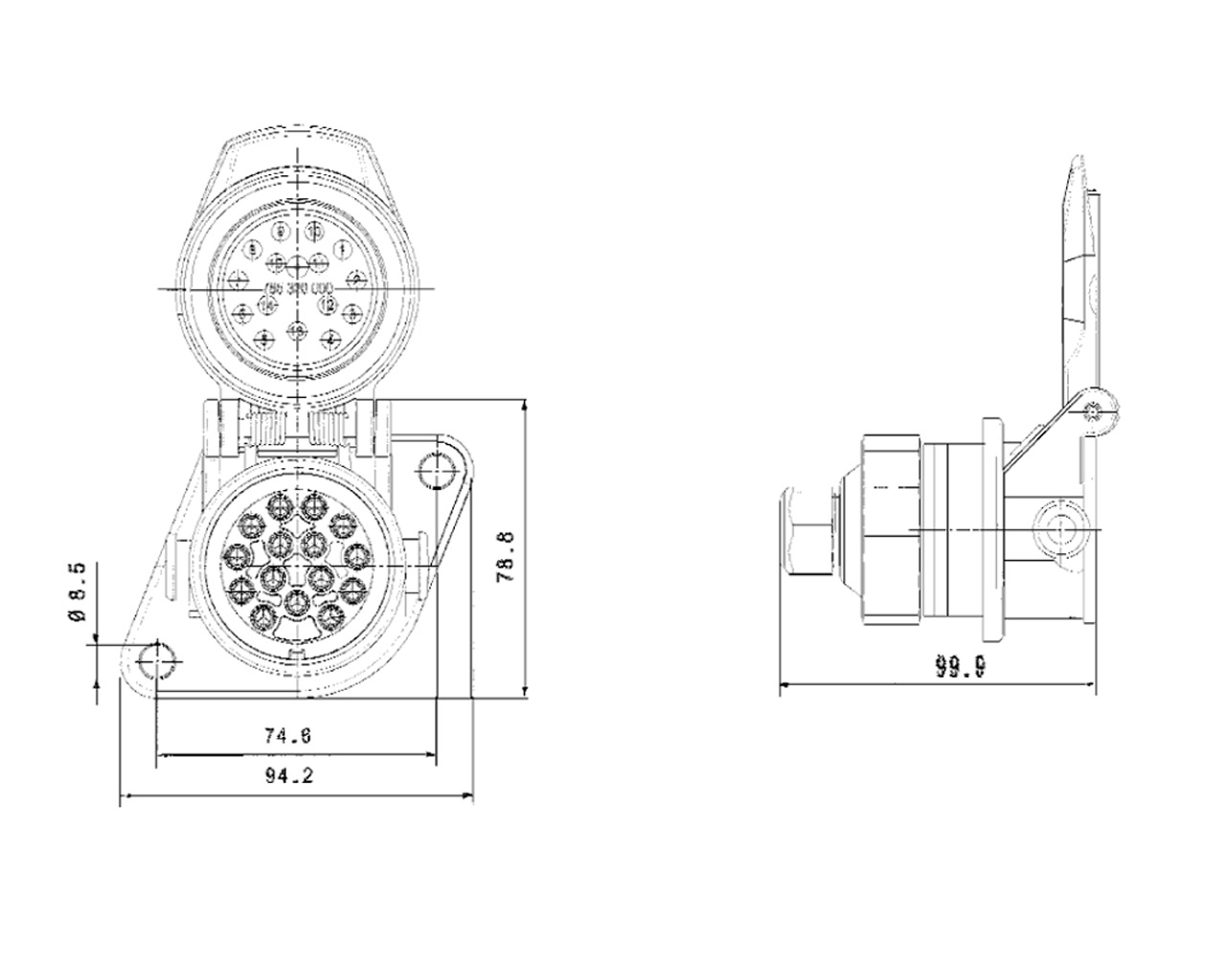 Steckdose 15-polig Wasserdicht tech. Zeichnung perfekt24v 15 2